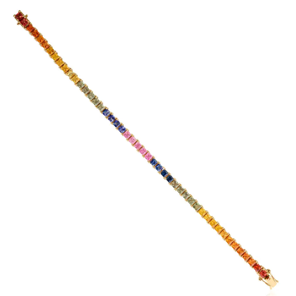 Asscher Cut Colorful Multi Sapphire 14K Solid Yellow Gold Stacking Tennis Bracelet New Arrivals