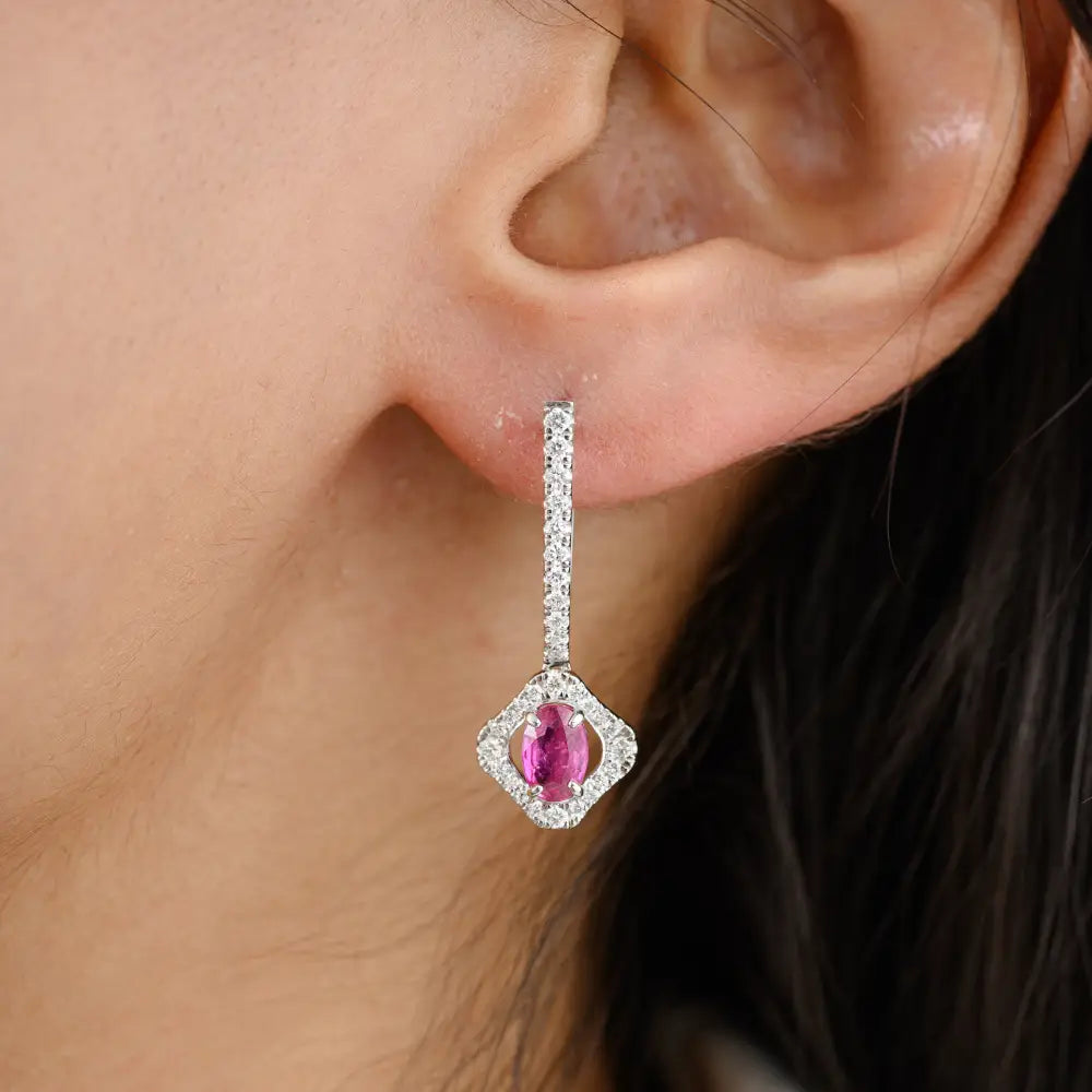 Women's 18K White Gold Ruby & Diamond Drop Earrings Fine Designer Wedding & Gift Products