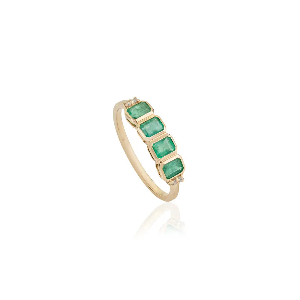 Bezel Set Emerald & Diamond Handmade Stackable Gemstone Ring K14 Solid Yellow Gold Jewelry