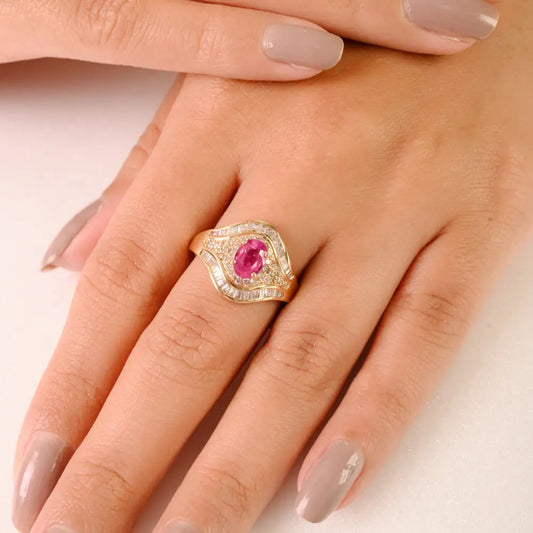 Prong Setting Ruby & Diamond 14K Solid Yellow Gold Vintage Gemstone Ring Wedding Jewelry