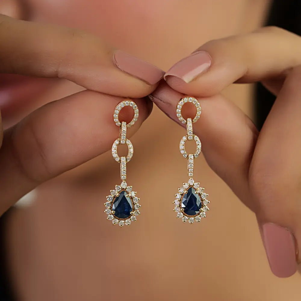 Unique Design Blue Sapphire & Diamond Cluster Link Dangle Earrings 14K Yellow Gold Jewelry