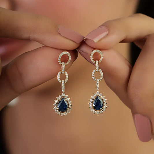 Unique Design Blue Sapphire & Diamond Cluster Link Dangle Earrings 14K Yellow Gold Jewelry