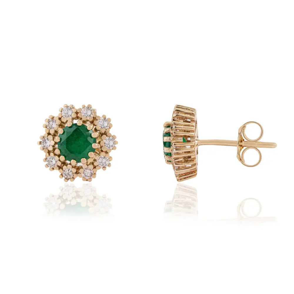 Flower Inspired Round Cut Emerald & Diamond Pure 14K Yellow Gold Stud Earrings For Girls