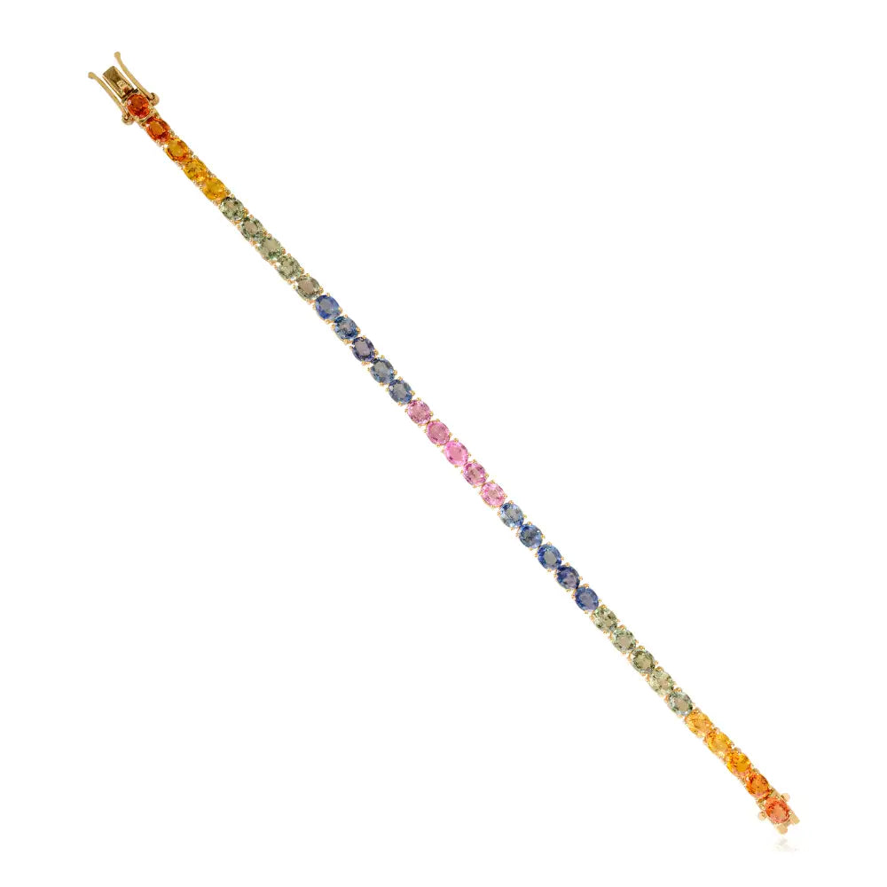 New Collection of Handmade Multi Sapphire Gemstone Tennis Bracelet Real 18K Yellow Gold