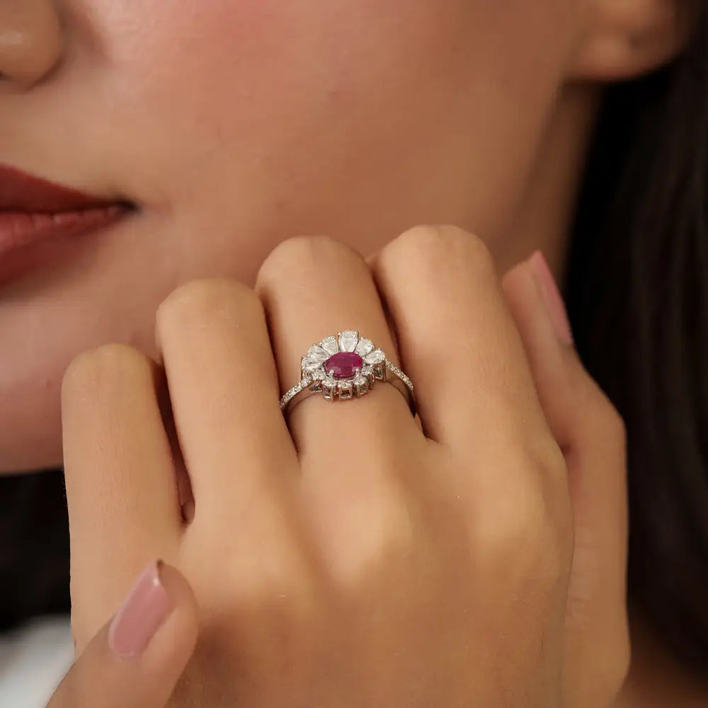 Precious Gemstone Ruby & Diamond Engagement Ring Solid K18 White Gold Wedding Jewelry