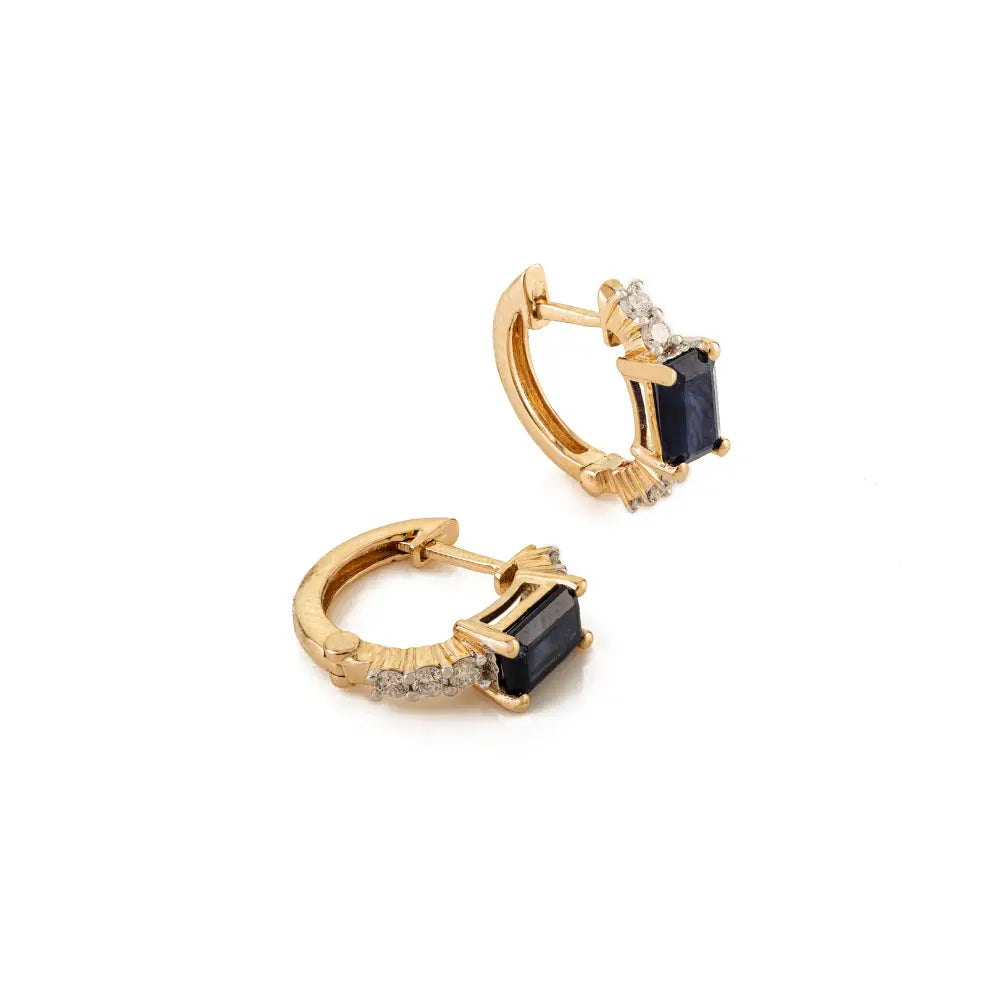 Real K14 Yellow Gold Blue Sapphire & Diamond Minimal Hoop Earrings Handmade Jewelry