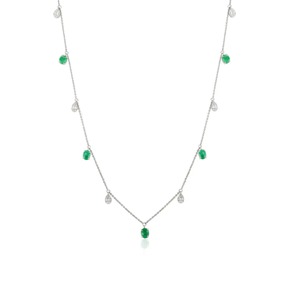 Elegant Design 14K White Gold Emerald & Diamond Stacking Charm Necklace Everyday Jewelry