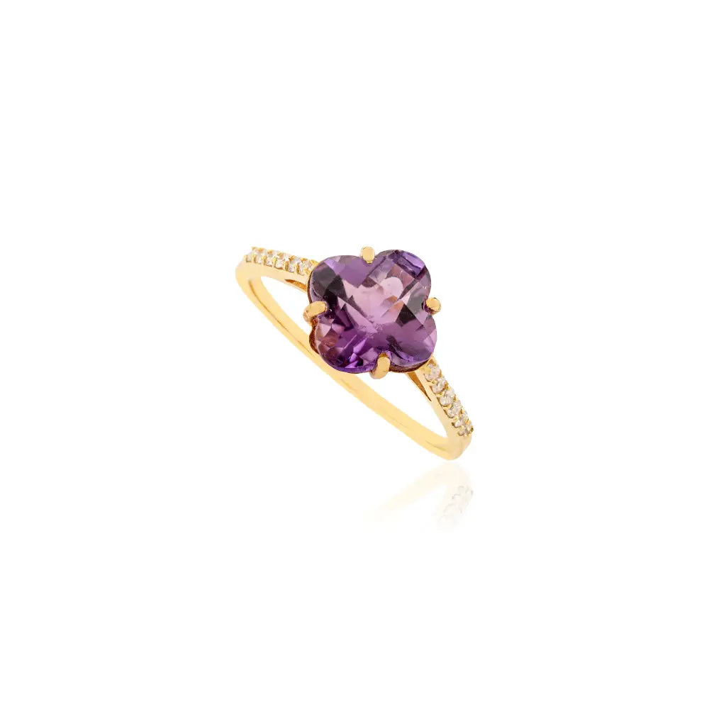 Clover Shape Amethyst & Round Cut Diamond Stackable Ring Latest 14K Yellow Gold Jewelry