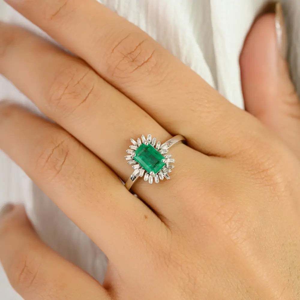 Unique Design Handmade Emerald & Diamond 14K Real White Gold Cluster Ring Fine Jewelry
