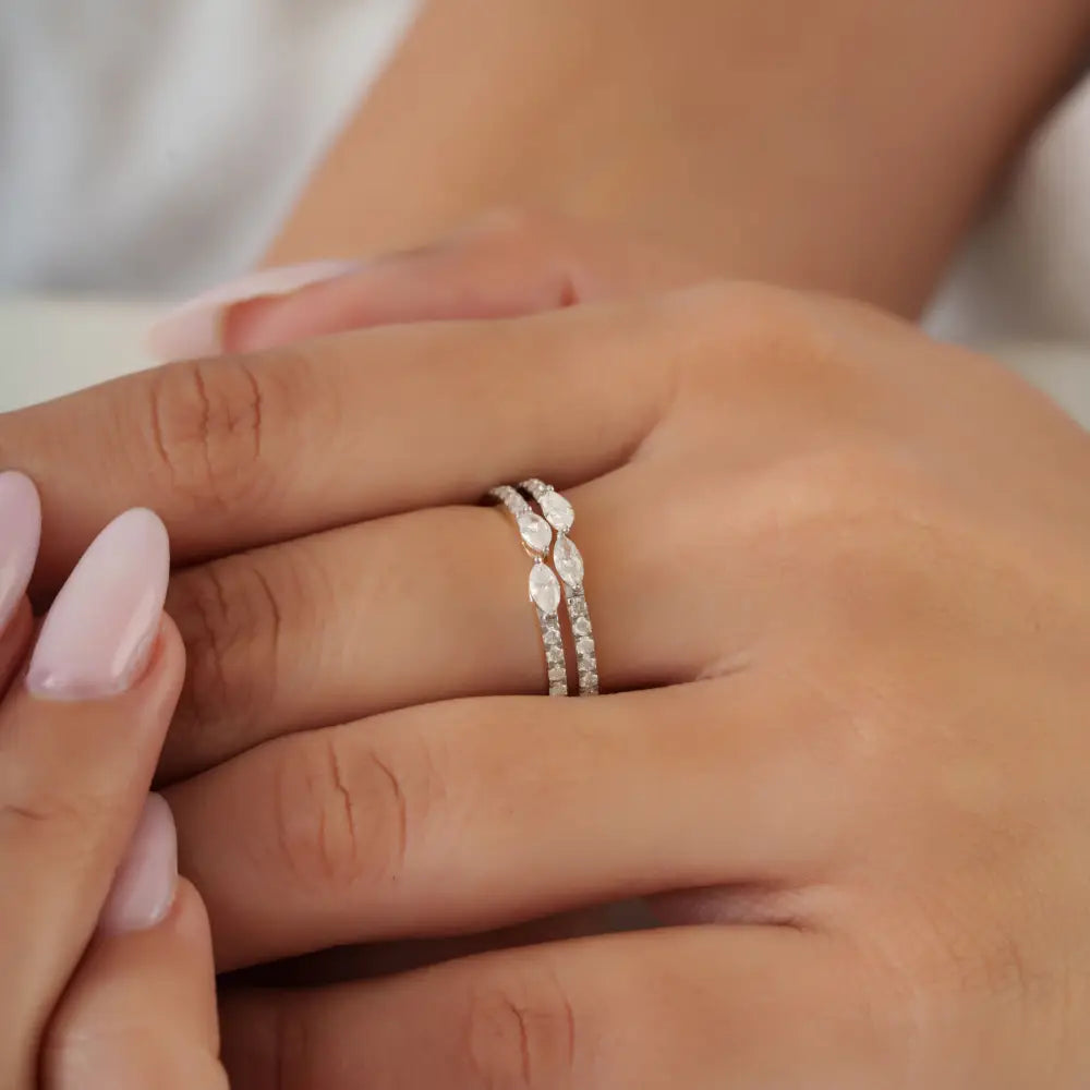 April Birthstone Diamond Stackable Double Band Ring Solid K14 Yellow Gold Fine Jewelry