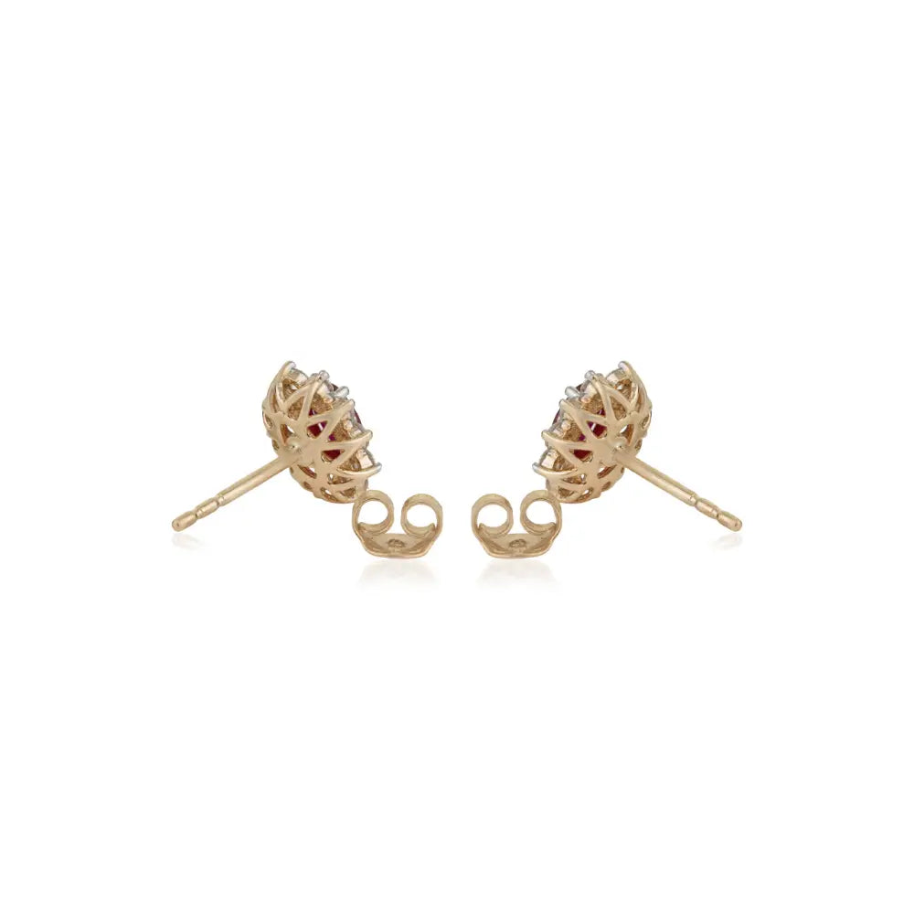 Minimal Real Ruby & Diamond 14K Yellow Gold Cluster Stud Earrings Daily Wear Jewelry