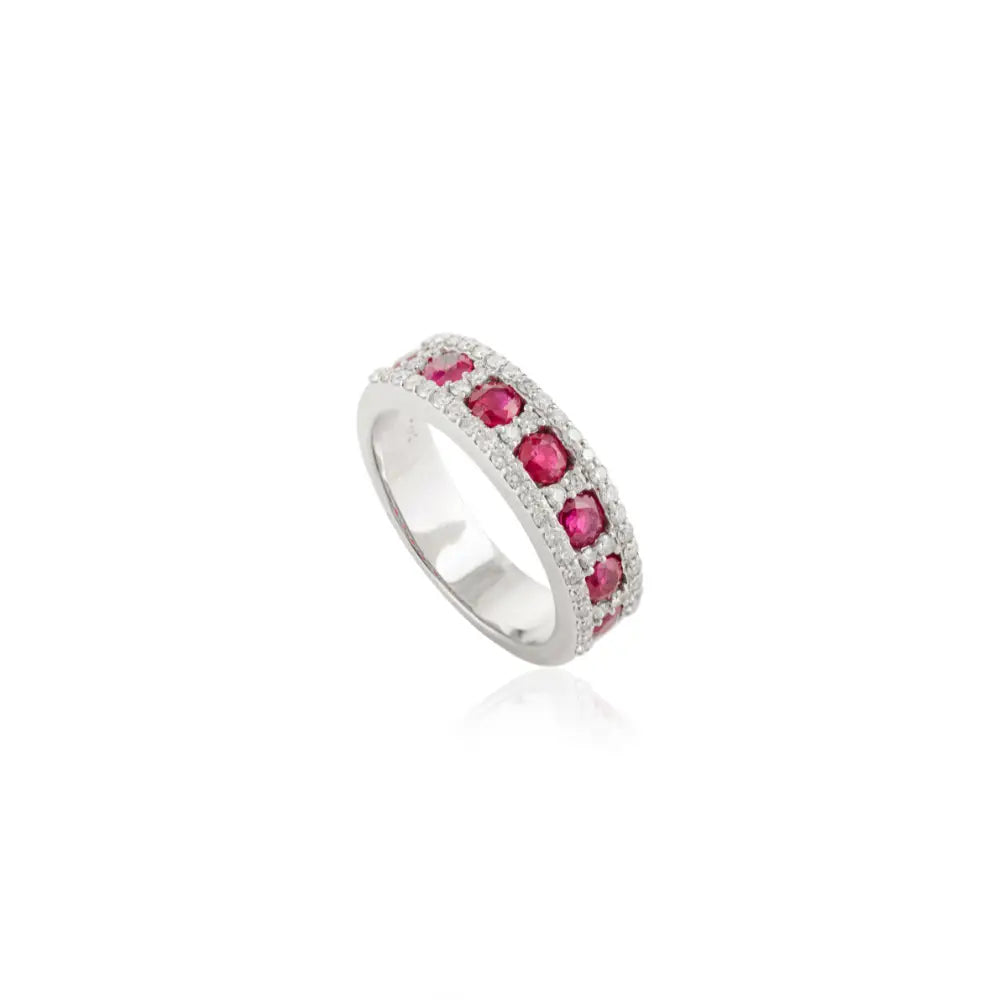 3mm Round Cut Ruby & Diamond Statement Half Eternity Band Ring Pure K14 White Gold Jewelry