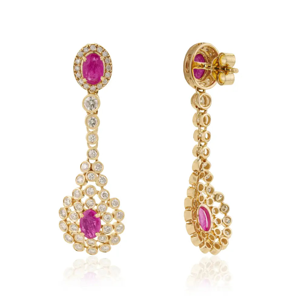 Bold Statement Ruby & Diamond Solid K14 Yellow Gold Dangle Earrings Anniversary Gift