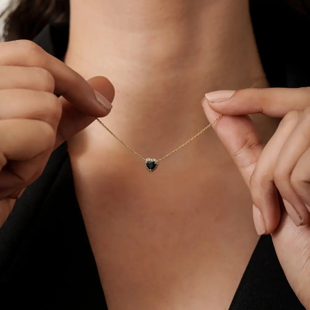 Dainty Minimalist Heart Shape Blue Sapphire & Diamond Halo Pendant Necklace 14K Gold