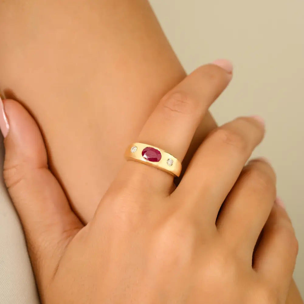 Gypsy Set Ruby Gemstone & Diamond Chunky Signet Ring Gift For Women 14K Yellow Gold