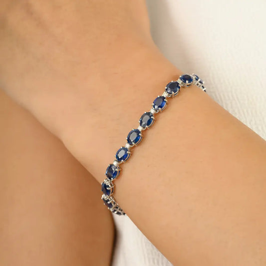 Beautiful Design Unisex Jewelry Blue Sapphire & Diamond 14K Gold Stackable Tennis Bracelet