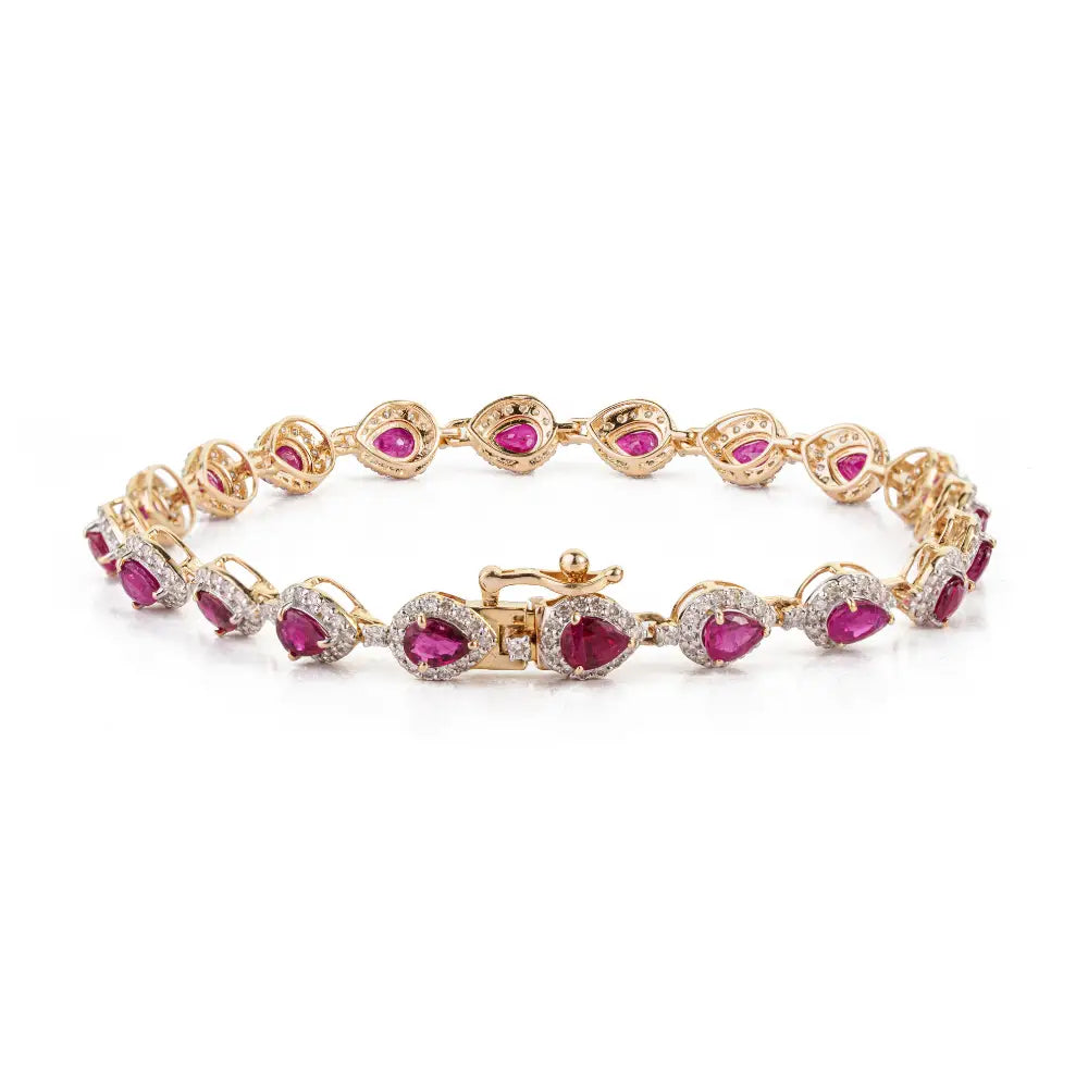 New Arrivals Real Ruby & Diamond K14 Solid Yellow Gold Halo Wedding Bracelet Valentine's Day Gift Jewelry