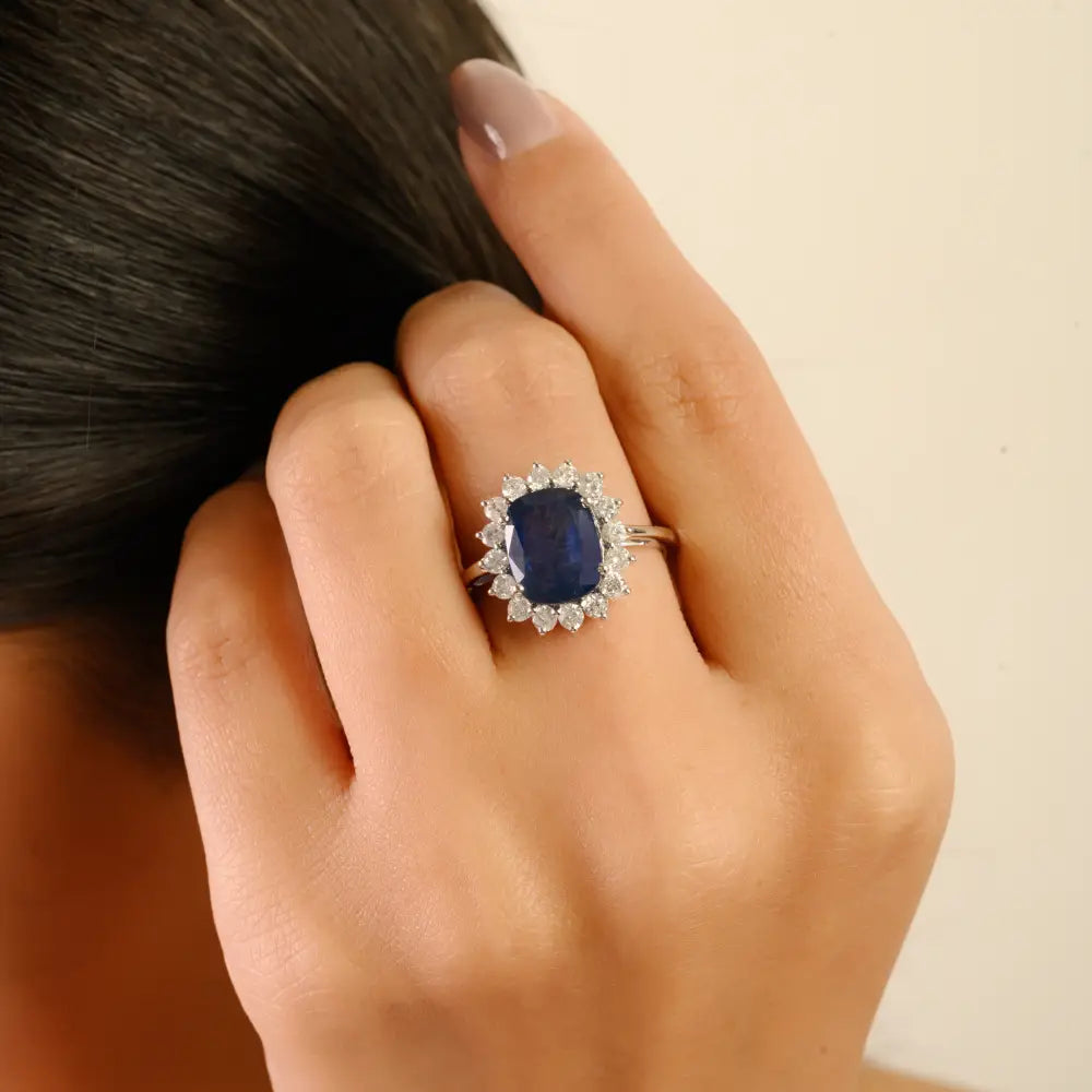 Top Quality 14K Real White Gold Blue Sapphire & Diamond Cluster Engagement Ring Women