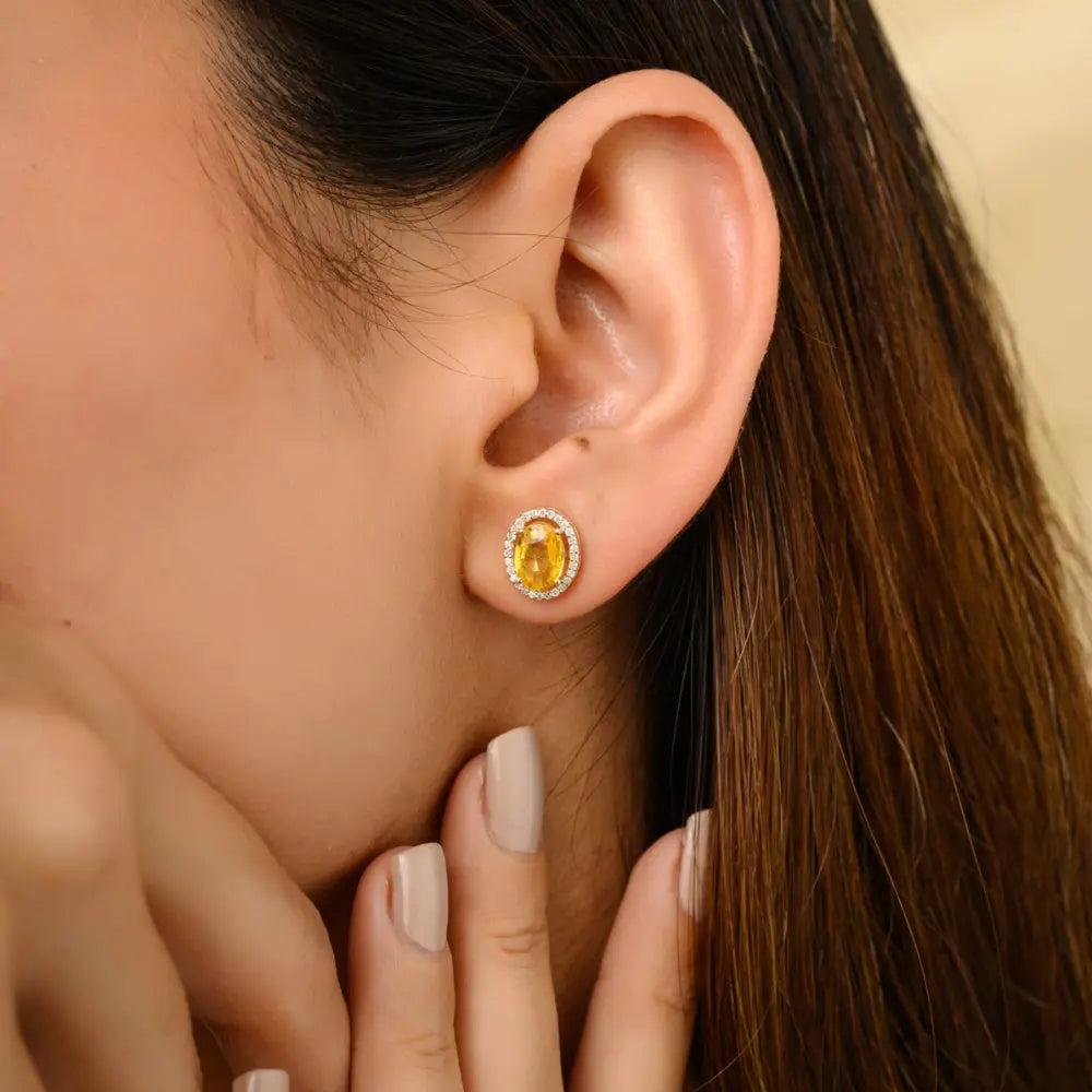 Handcrafted Natural Yellow Sapphire & Diamond 14K Yellow Gold Stud Earrings