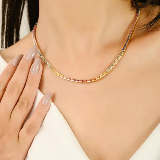 Colorful Gemstone Multi Sapphire Half Bezel Set Stack Tennis Necklace Real K14 Yellow Gold