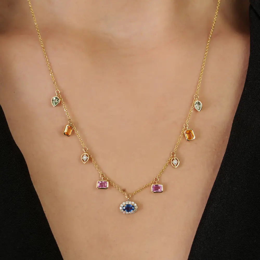 Colorful Gemstone Multi Sapphire & Diamond 14K Solid Yellow Gold Charm Chain Necklace