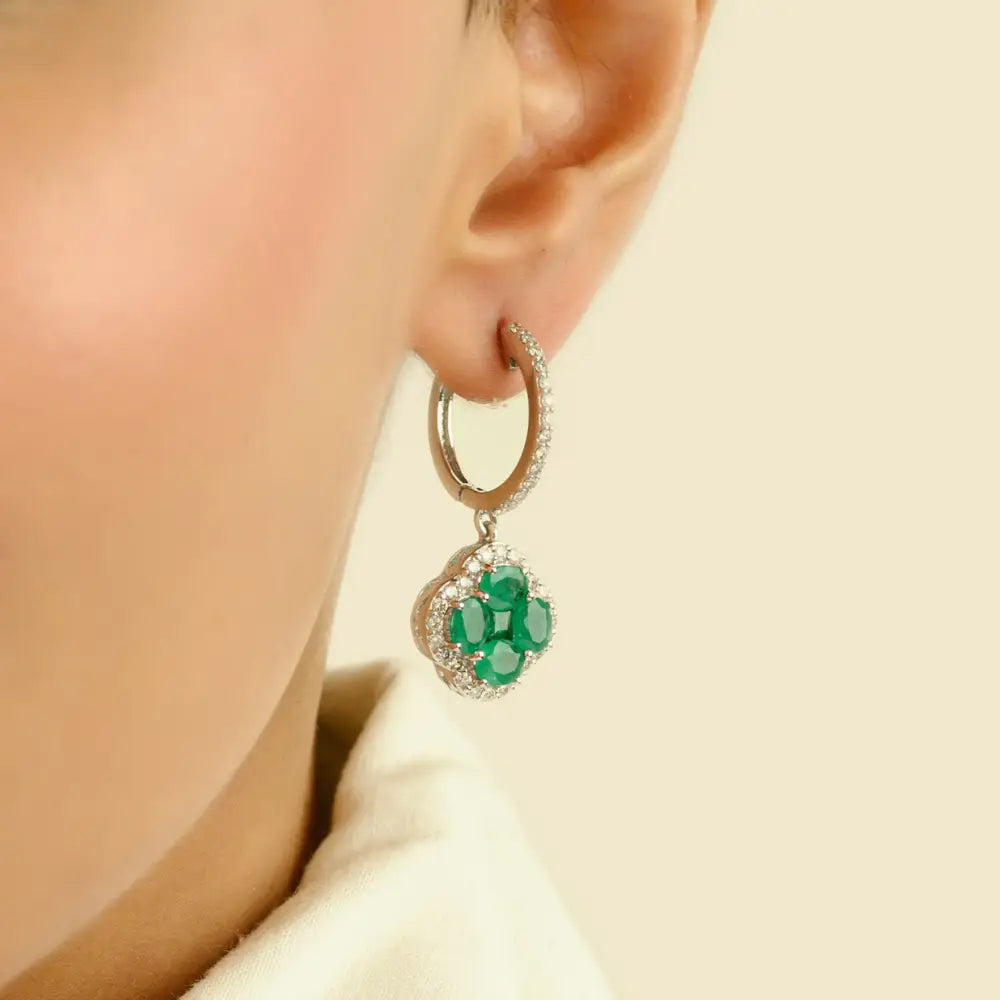 K14 White Gold Emerald & Diamond Hoop Charm Clover Drop Earrings Statement Jewelry