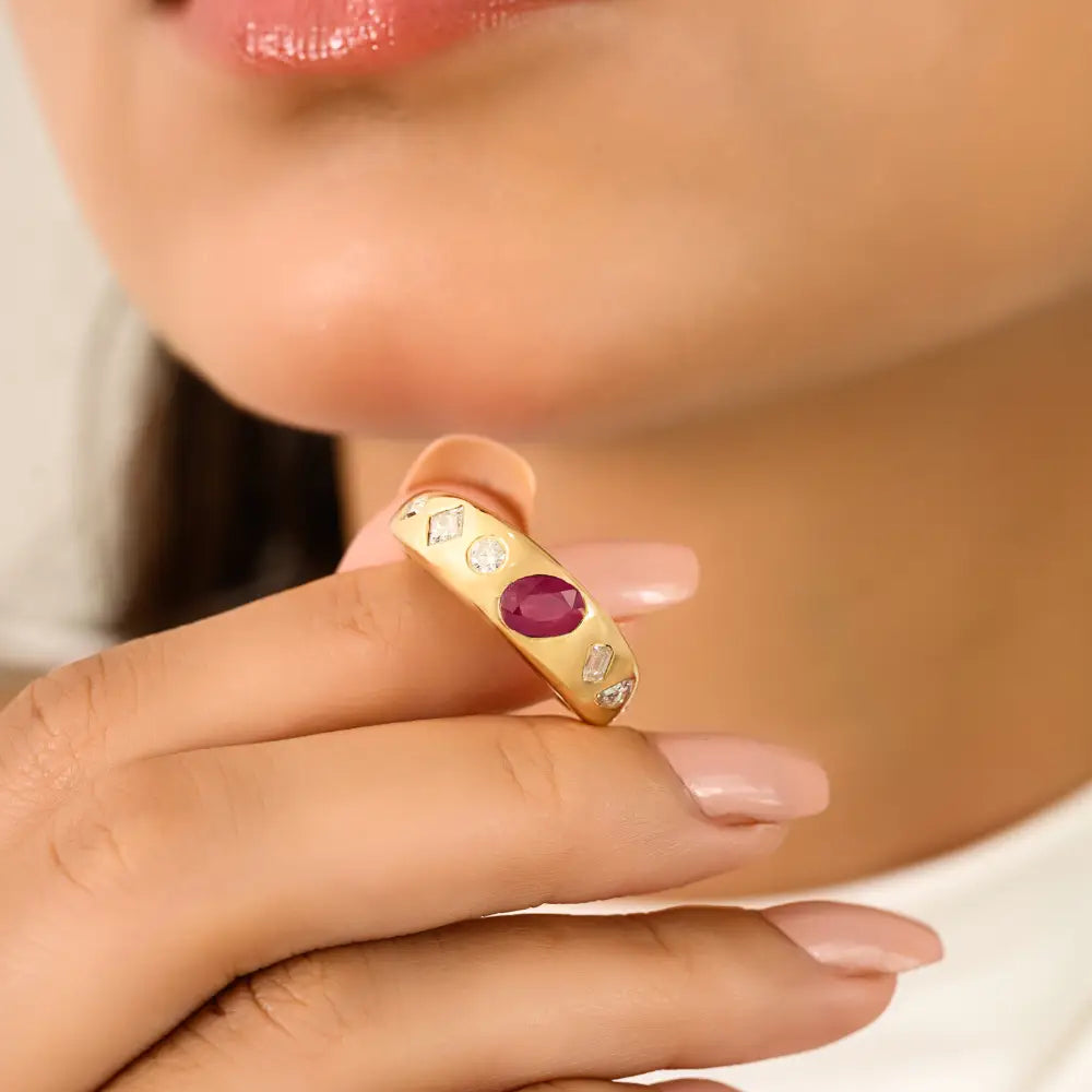 Best Selling Mixed Shape Diamond & Ruby Chunky Dome Ring 18K Yellow Gold Engagement Jewelry
