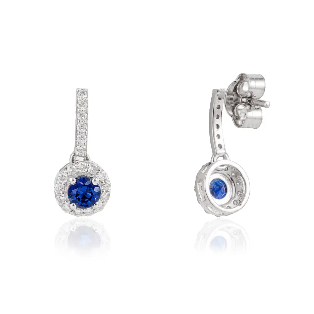 Real 14K White Gold Blue Sapphire & Diamond Minimal Halo Drop Earrings Everyday Wear Jewelry