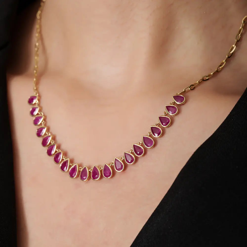 July Birthstone Genuine Ruby Paperclip Chain Half Tennis Necklace 14K Solid Yellow Gold Jewelry