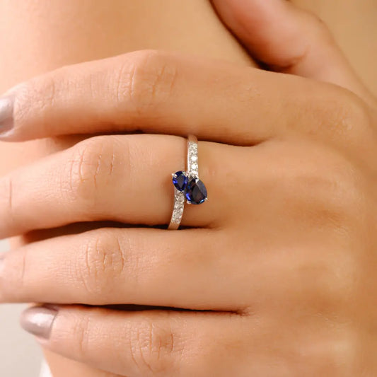 Simple Design 14K White Gold Blue Sapphire & Diamond Minimal Bypass Ring Best Price Jewelry