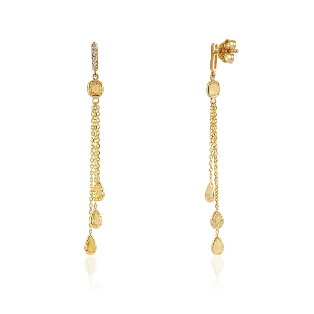 Light Weight 14K Real Gold Yellow Sapphire & Diamond Triple Link Chain Drop Earrings Women's