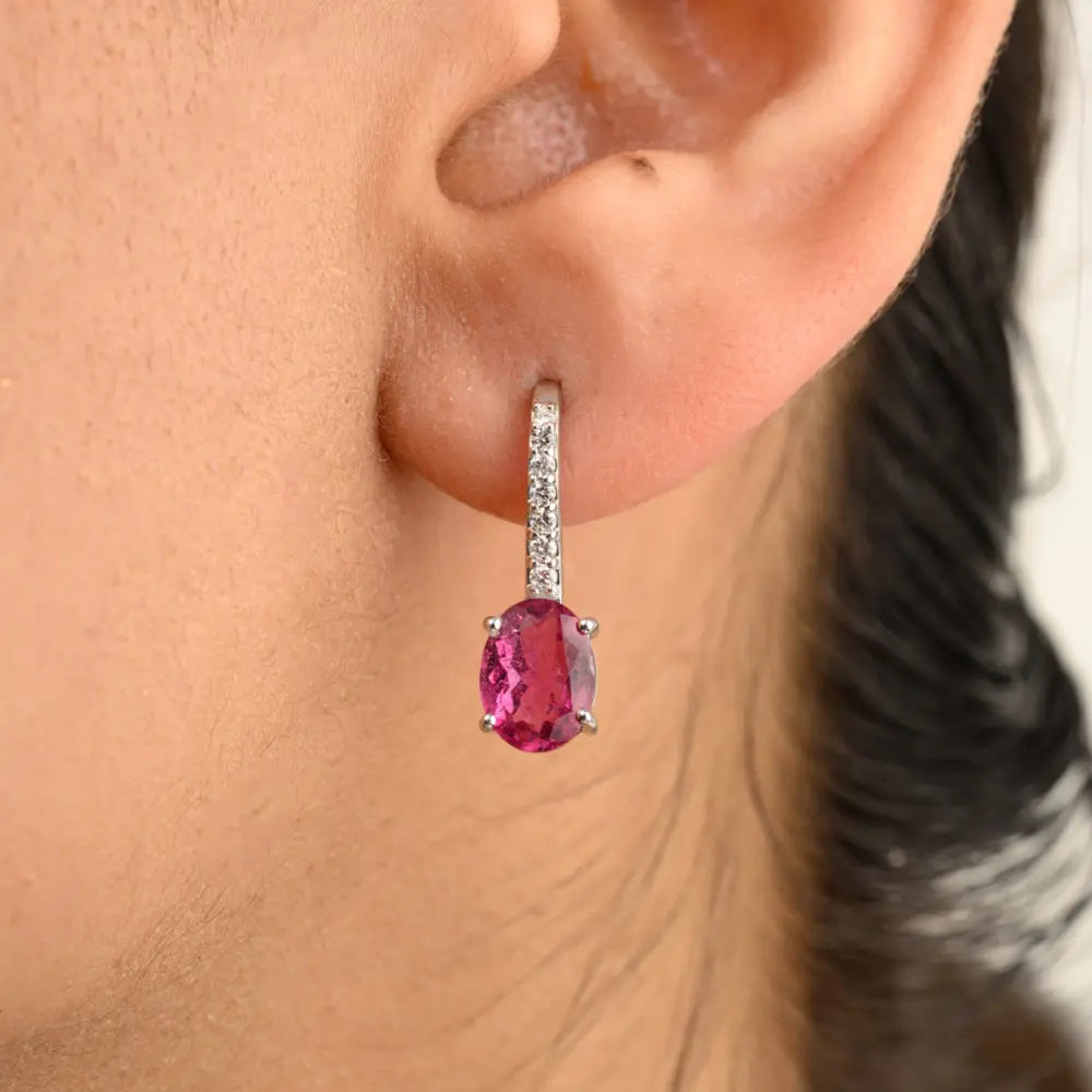 Semi Precious Gemstone Rubellite & Diamond Solid K14 White Gold Earrings