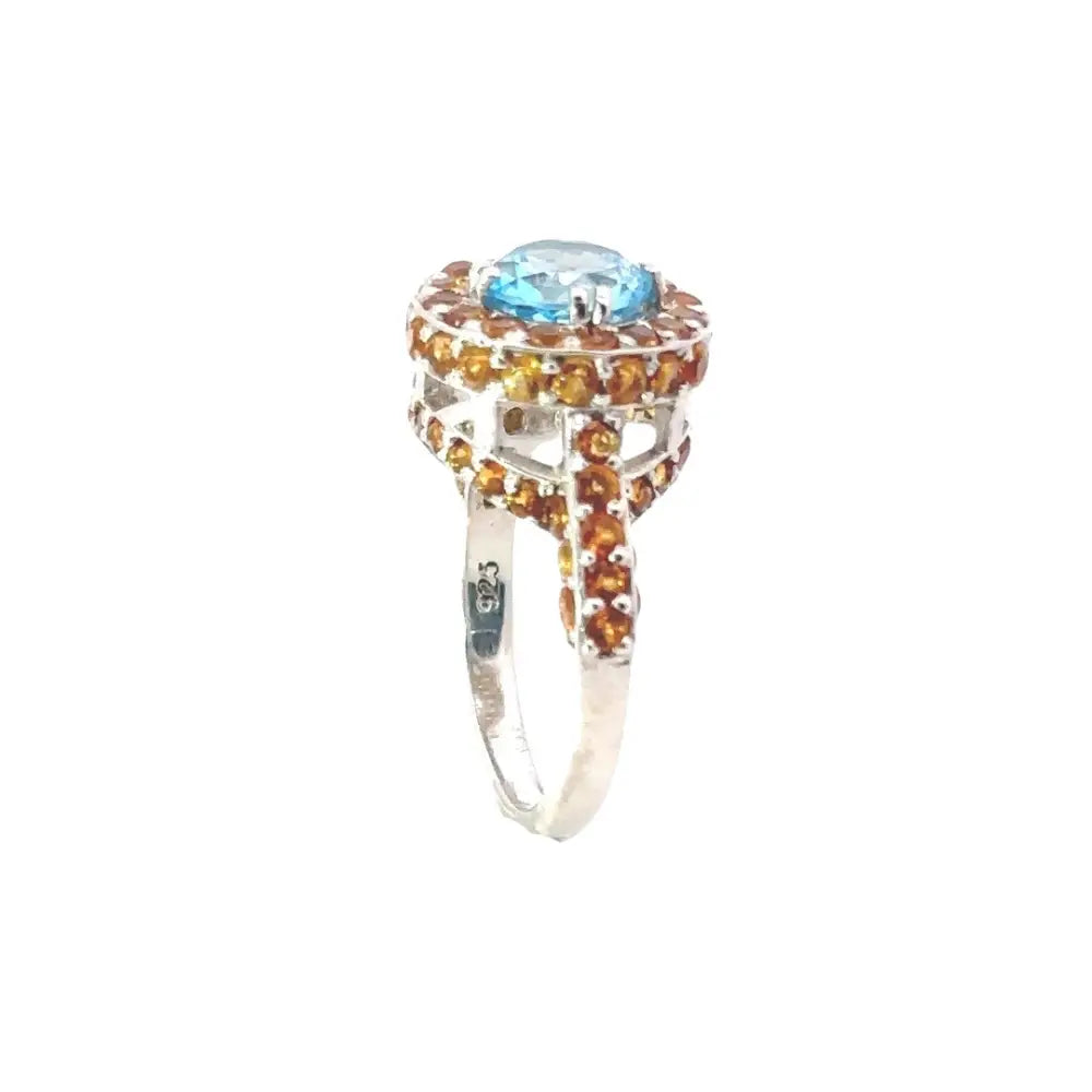 Fine Blue Topaz & Citrine Round Shape Gemstone Ring New Jewelry Collection 925 Sterling Silver