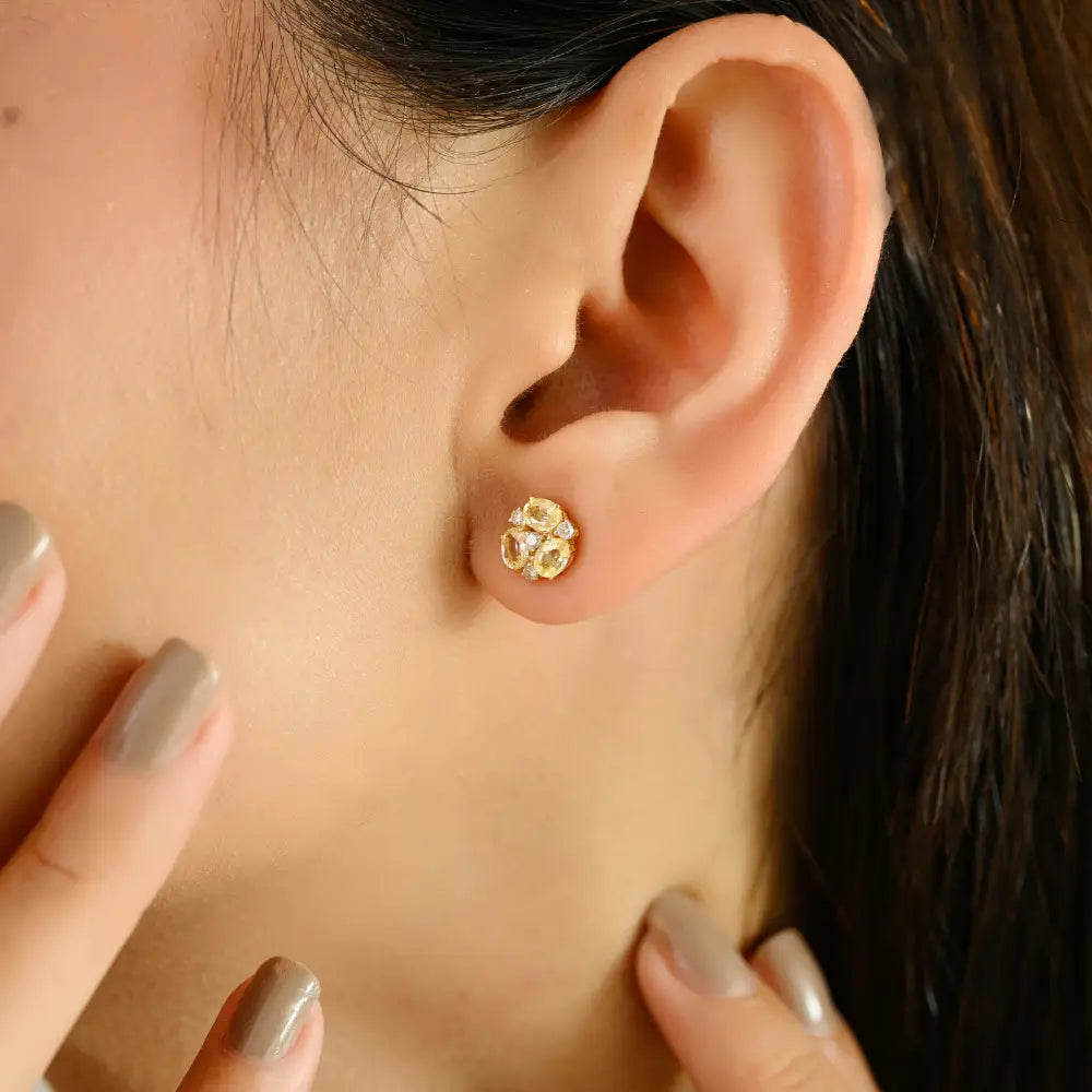 Minimal Simple Design 14K Solid Gold Yellow Sapphire & Diamond Three Stone Stud Earrings