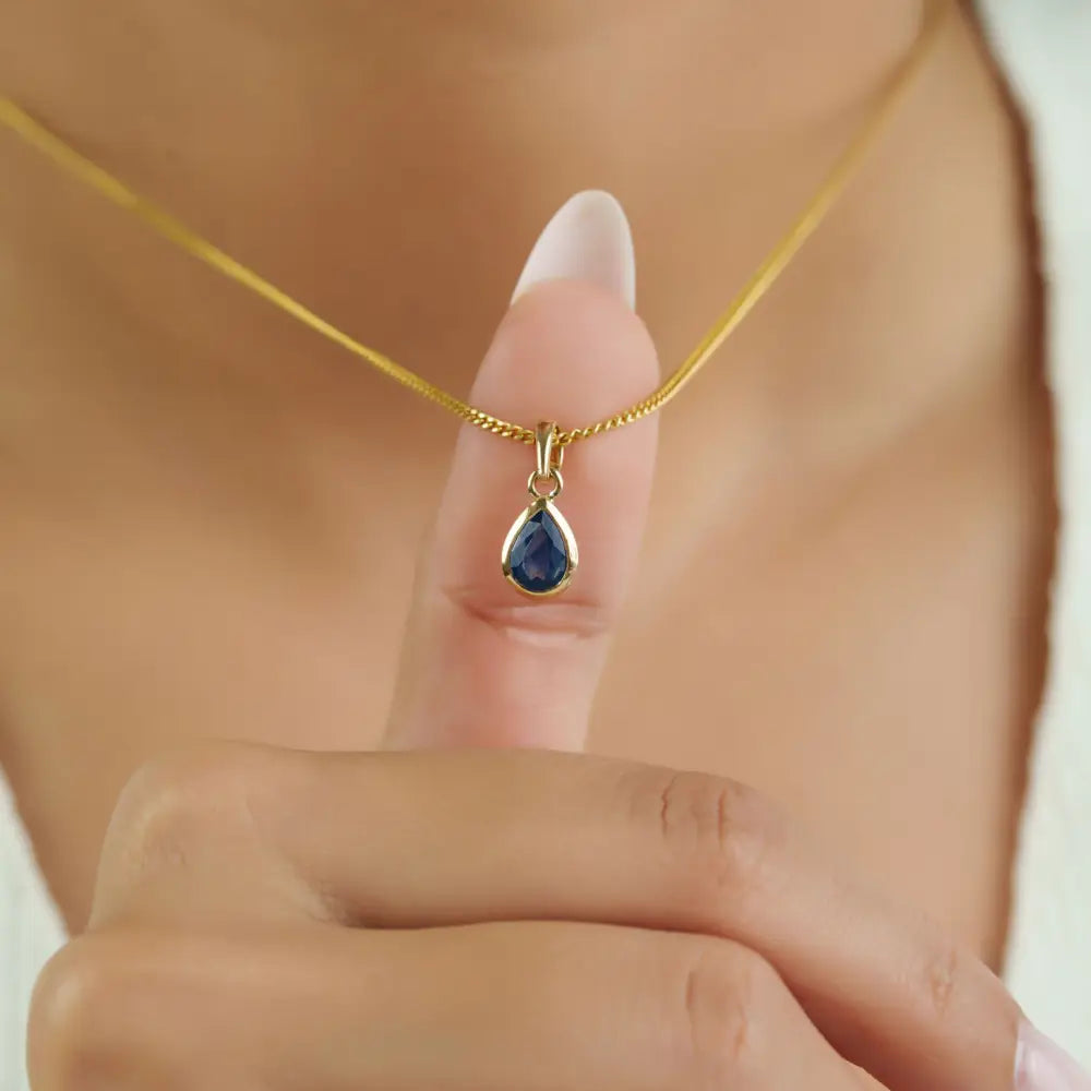 14K Yellow Gold Bezel Set Blue Sapphire Teardrop Shape Minimal Pendant Everyday Wear