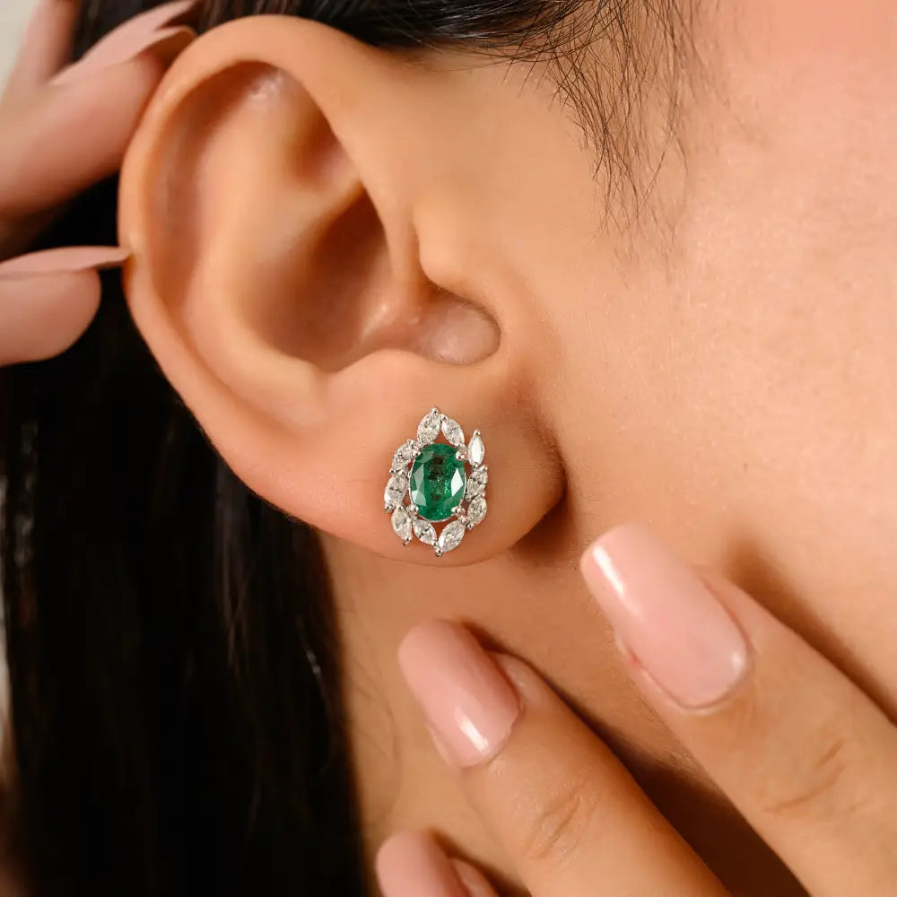 Prong Setting Emerald & Diamond Unique Design Stud Earrings Everyday Jewelry 14K Gold