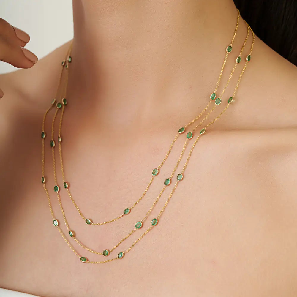 Luxury Women's Emerald Gemstone Triple Layer Station Chain Necklace 14K Yellow Gold
