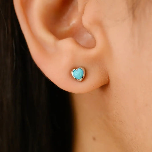 Minimalist Design Turquoise Gemstone Heart Shape Stud Earrings Real K14 White Gold Jewelry