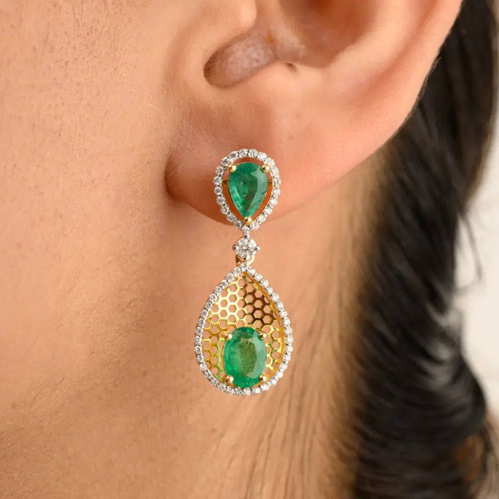 Handmade Jewelry Natural Emerald & Diamond Solid 14K Yellow Gold Drop Earrings