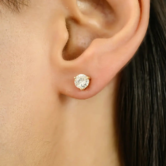 100% Natural Diamond Round Stud Earrings Minimal 14K Solid Yellow Gold Everyday Jewelry