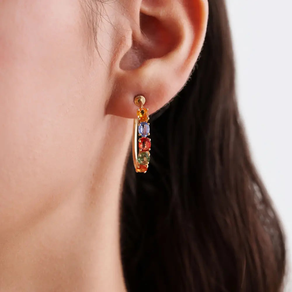 5x4mm Oval Cut Multi Sapphire C Shape Hoop Earrings Real 14K Yellow Gold Fine Jewelry