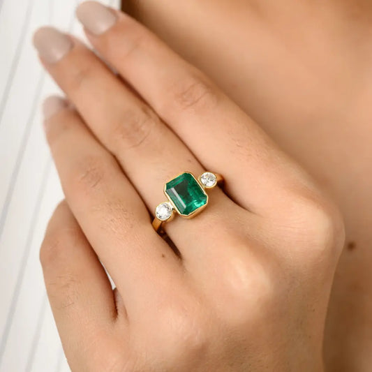 High Quality Products Natural Emerald & Diamond 18K Solid Yellow Gold Ring