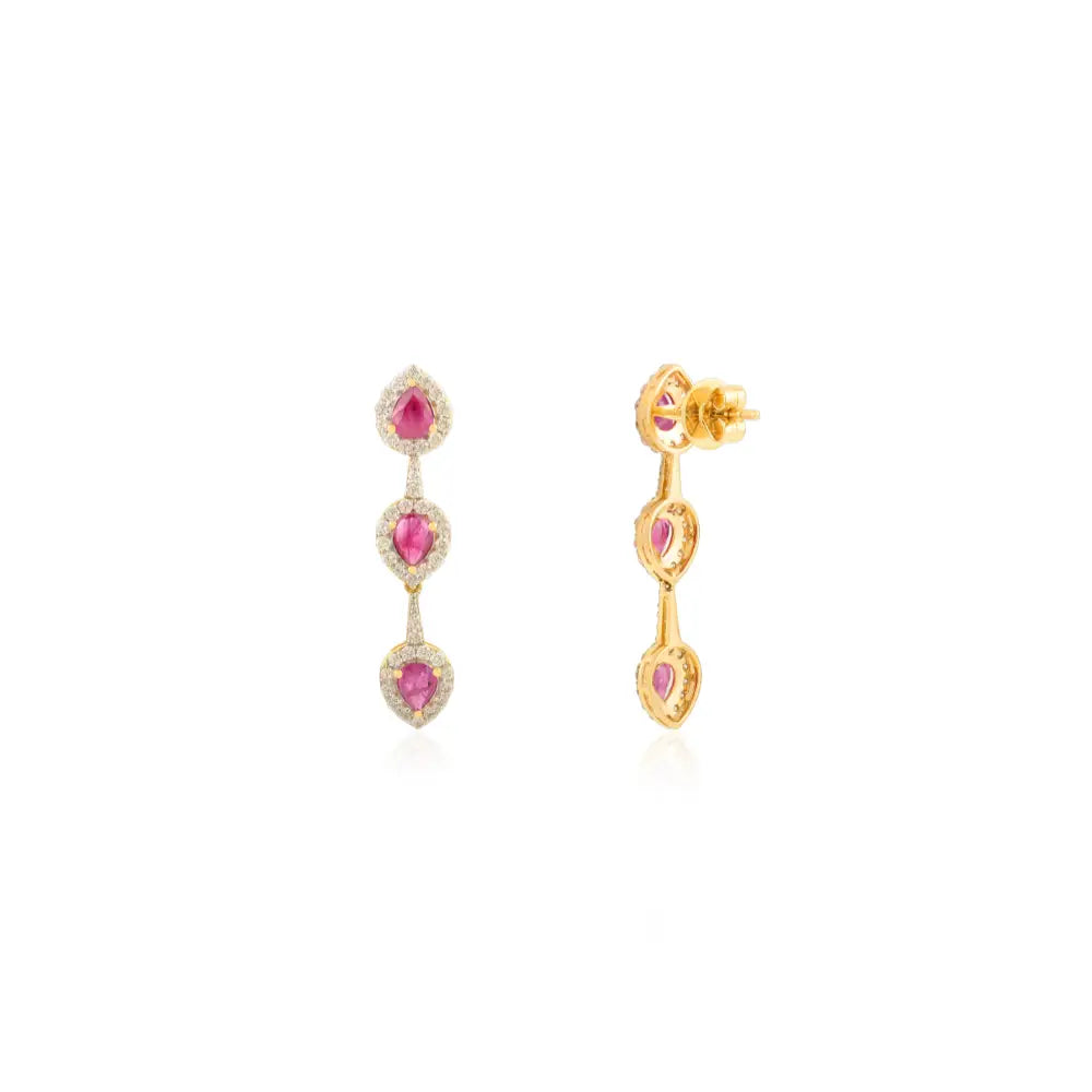Solid 14K Yellow Gold Ruby & Diamond Dangle Earrings Wedding Jewelry For Women