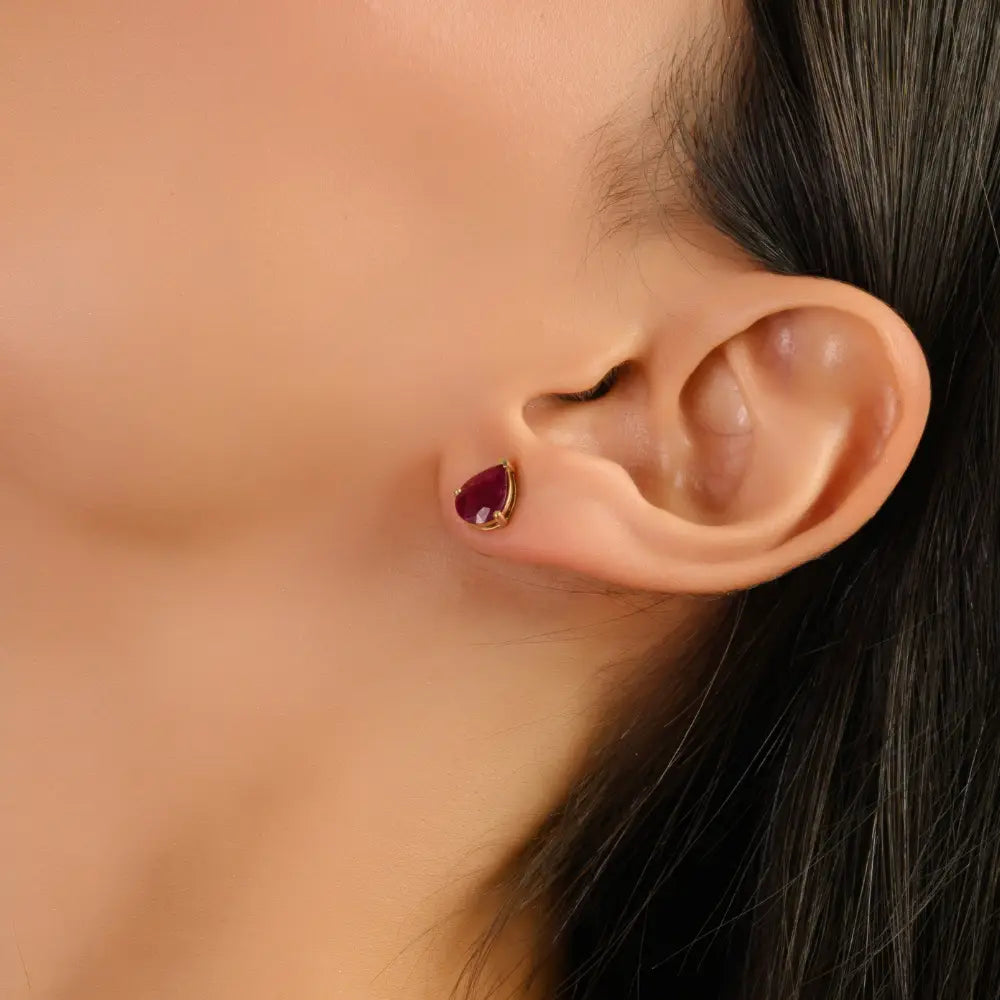 Pear Shape Ruby Single Stone Stud Earrings 14K Yellow Gold Valentine's Day Gift Jewelry