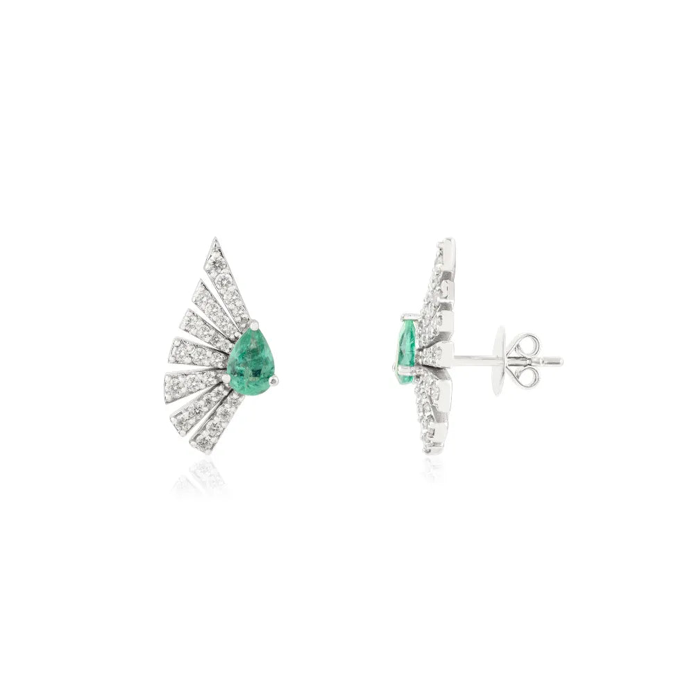 Unique Design Emerald & Diamond 14K White Gold Gemstone Fan Earrings For Women