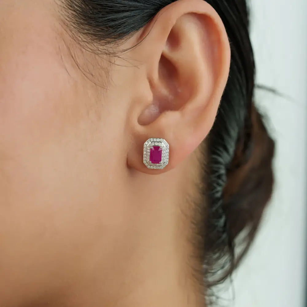 100% Authentic Ruby & Diamond Solid K14 White Gold Double Cluster Stud Earrings Gift For Mom