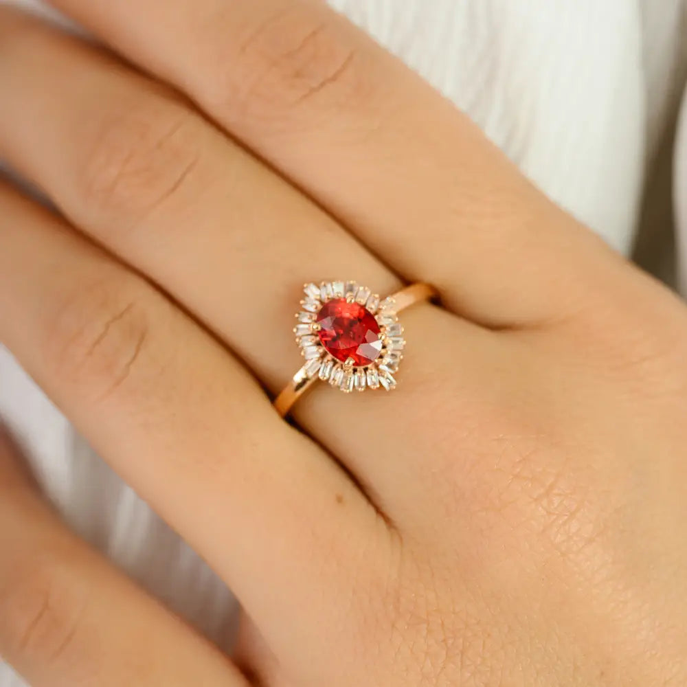 Elegant Design 14K Solid Rose Gold Orange Sapphire & Diamond Cluster Ring Minimal Jewelry
