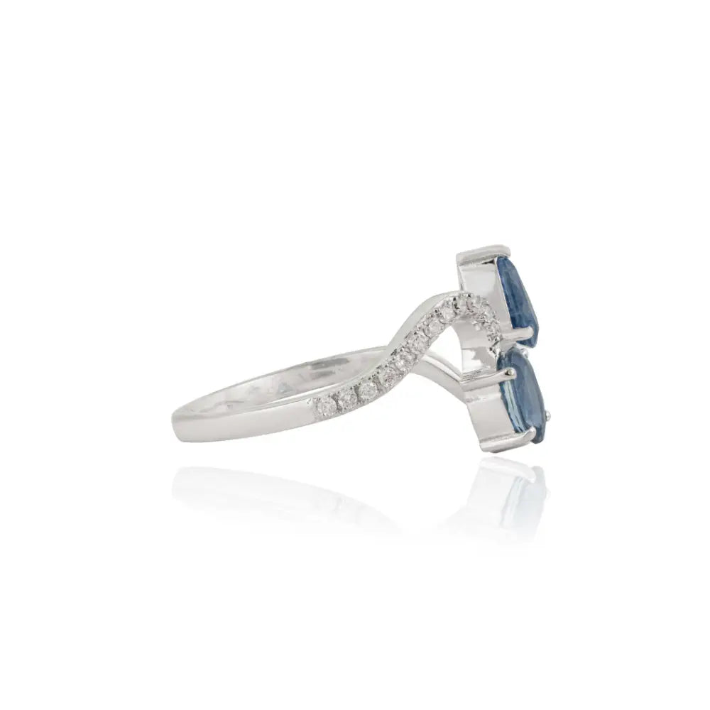 14K Real White Gold Blue Sapphire & Diamond Wavy Open Toi et Moi Ring Wedding Jewelry