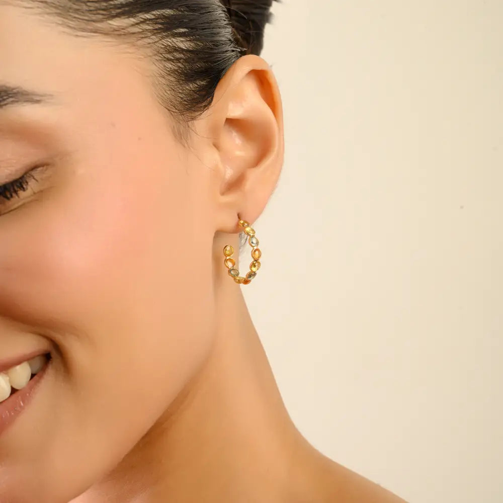 Rainbow Colorful Multi Sapphire 18K Pure Yellow Gold Dainty C Hoop Earrings Birthstone Jewelry