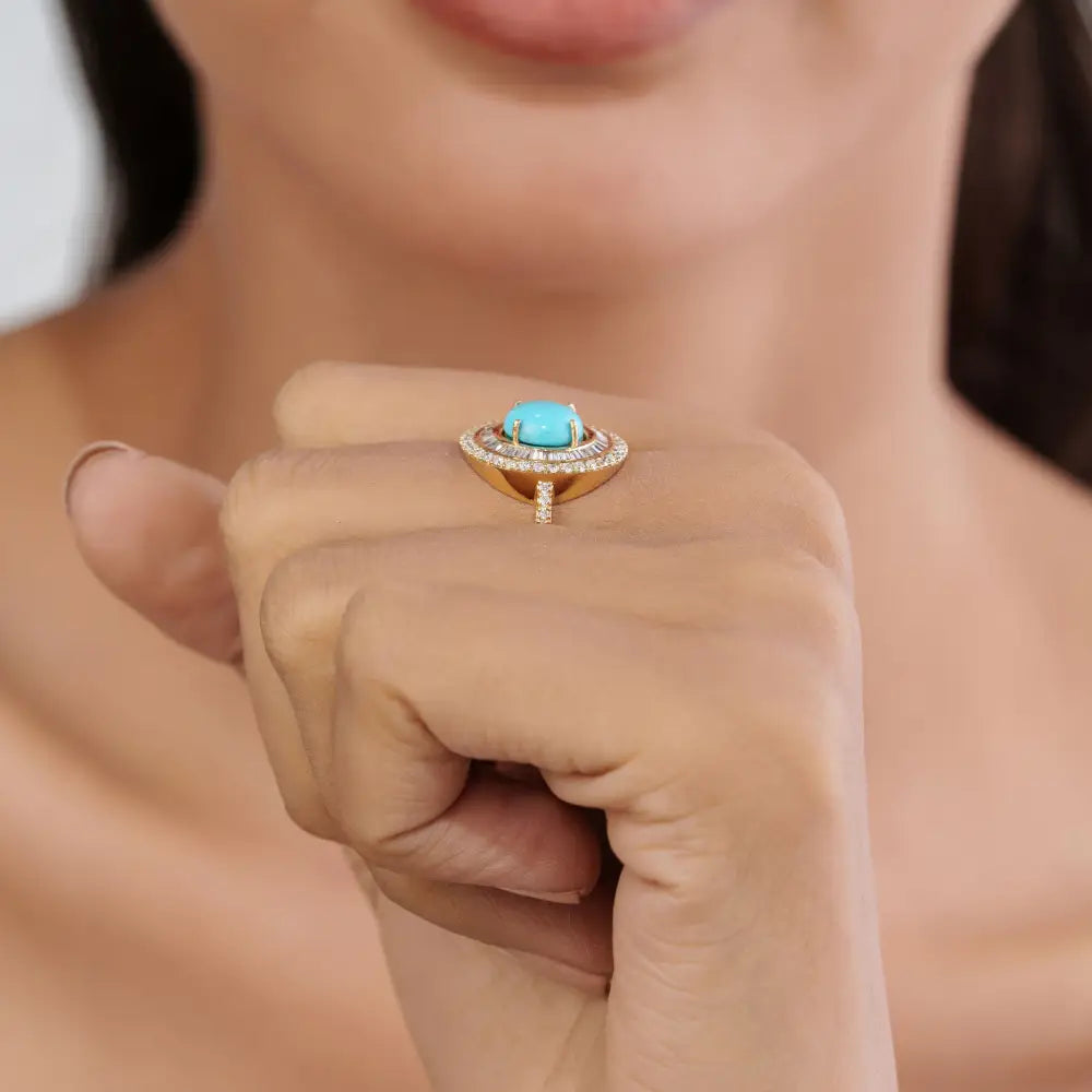 Round Cut Turquoise & Diamond Double Cluster Statement Ring December Birthstone 14K Gold